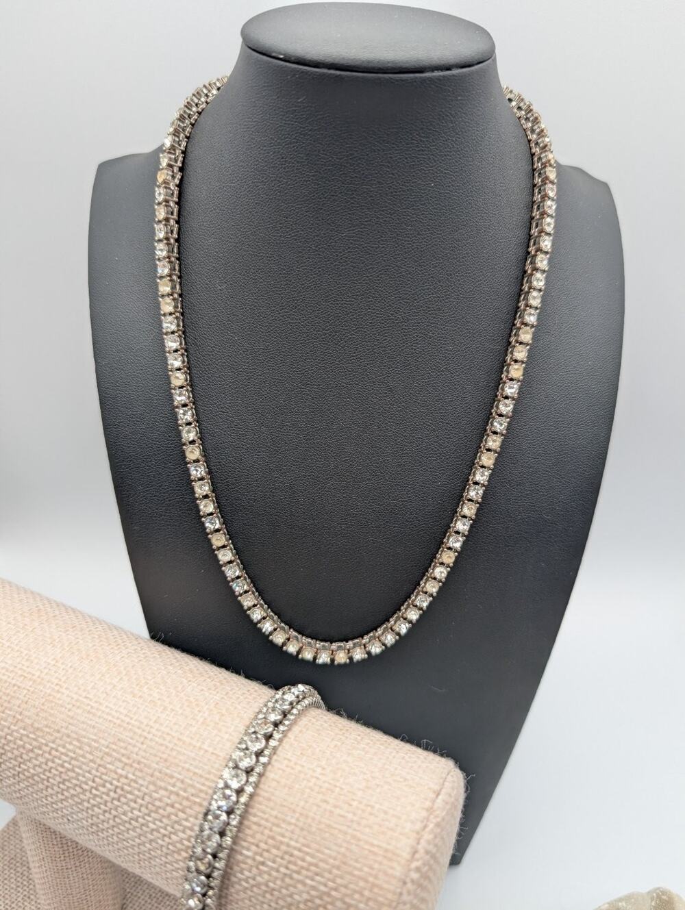Vintage Clear Rhinestone Tennis Necklace & Cuff Bracelet Set Silver Tone